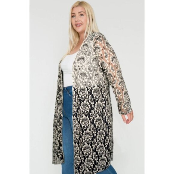 Floral Lace 2X Long Cardigan Kimono Jacket For Women In Black & White - Picture 3 of 3